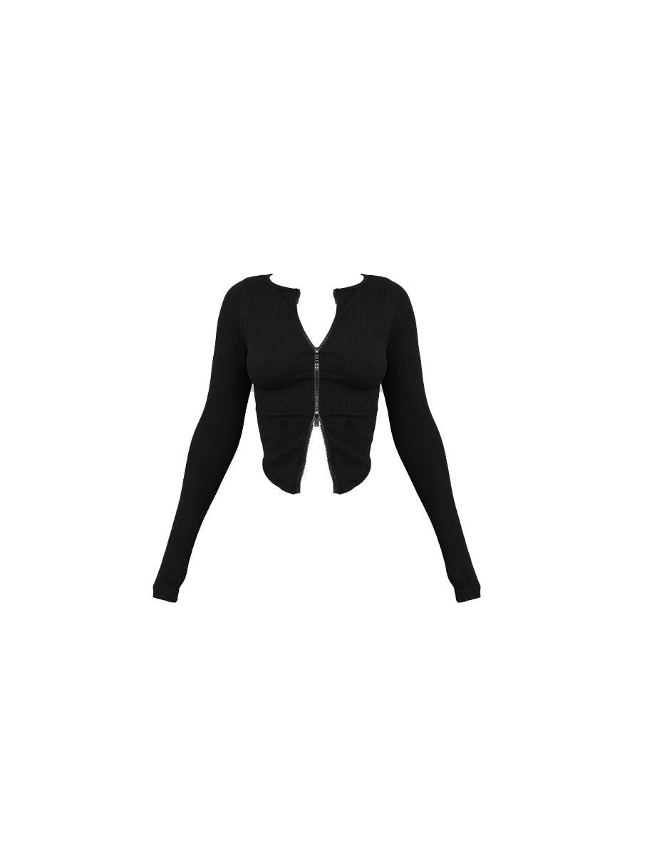 Black Contour Rib Double Zip Top - 4