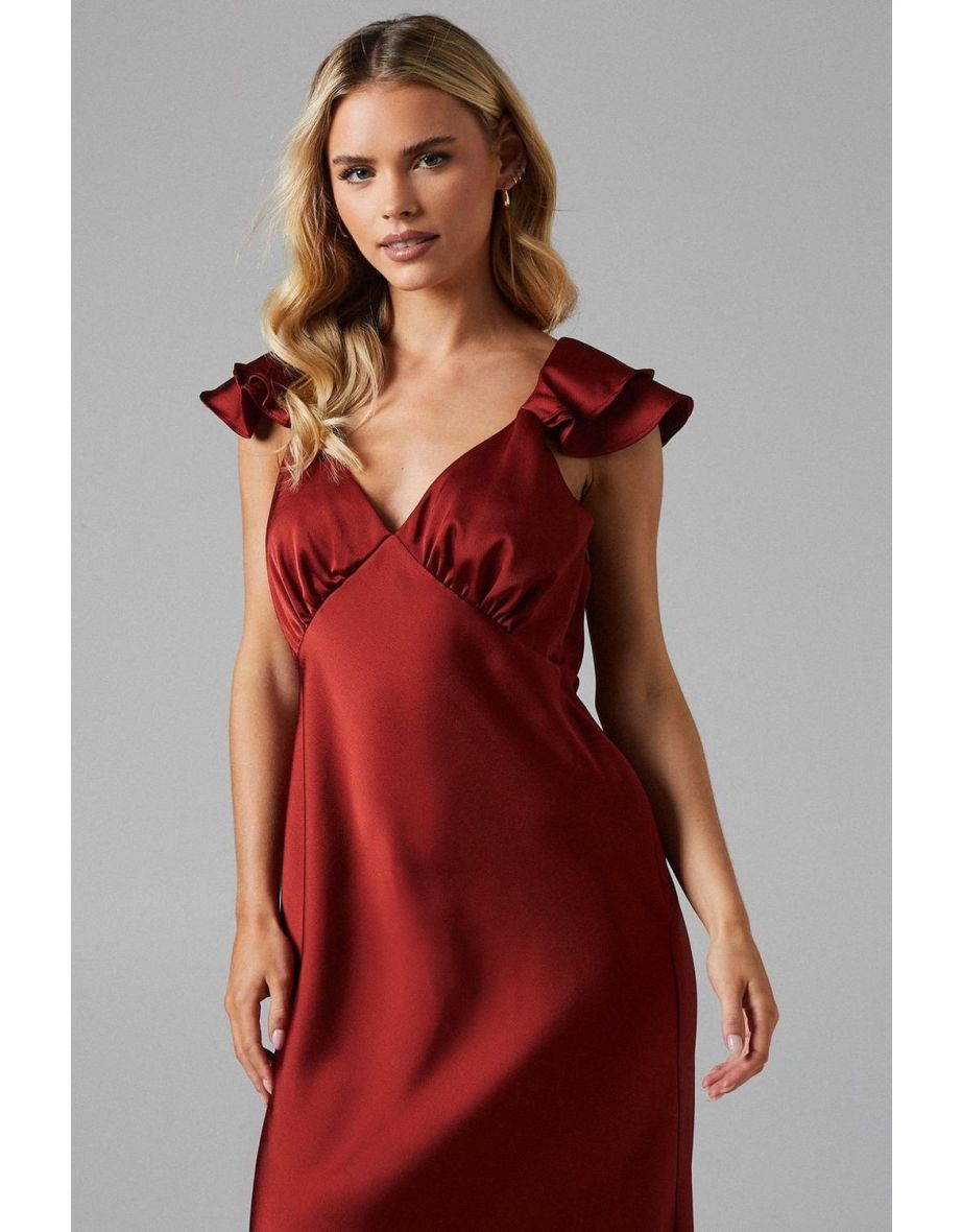 Petite Ruffle Neckline Satin Maxi Bridesmaid Dress - 3