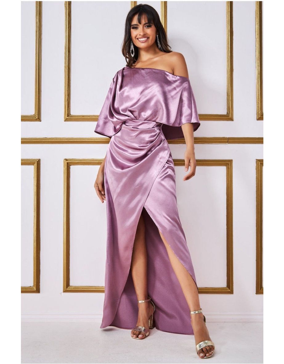 Goddiva Satin Drape Shoulder Wrap Maxi Dress