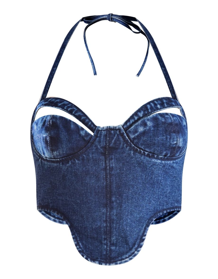 Dark Blue Wash Denim Corset Top - 4