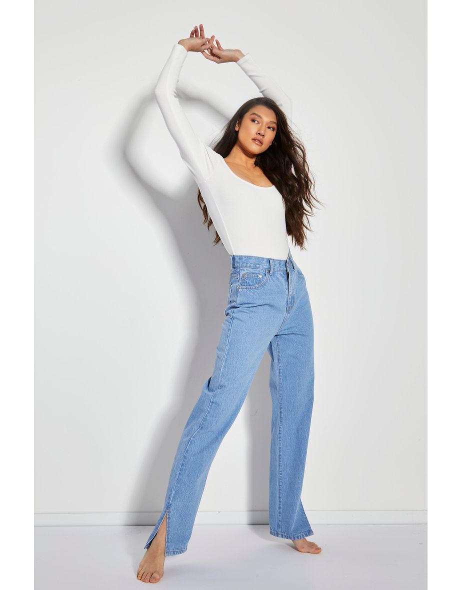 Glamorous Women's Bright Bleach Blue High Waisted Straight Leg Jeans with Side Split