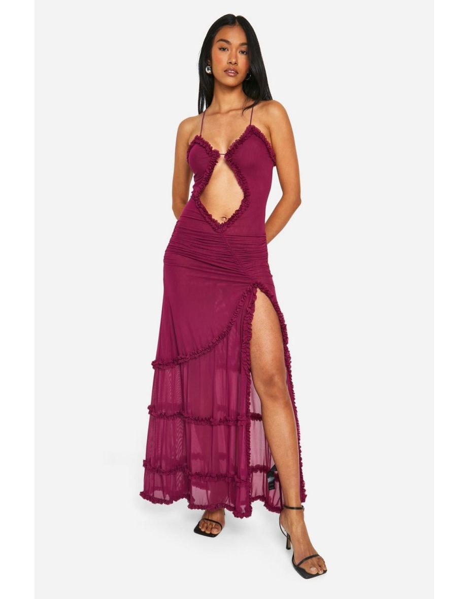 Trim Cut Out Asym Extreame Ruffle Maxi Dress - plum
