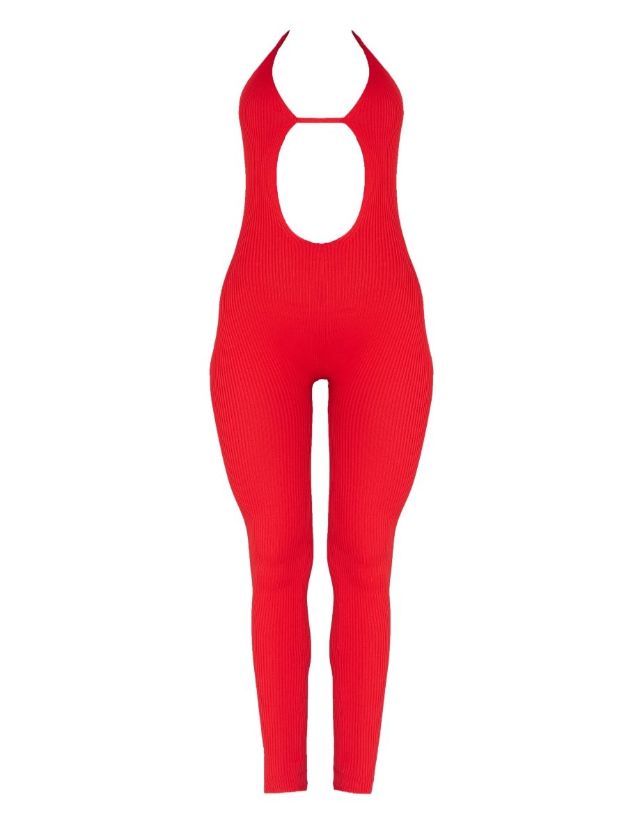 Red Cut Out Front Halterneck Knit Jumpsuit - 4