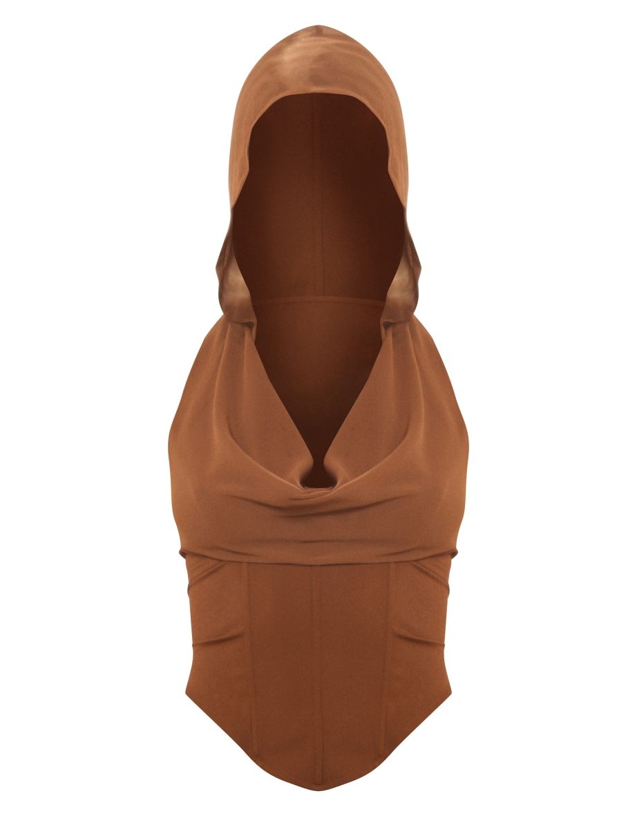 Brown Chiffon Hooded Woven Boned Lace Up Back Corset - 4