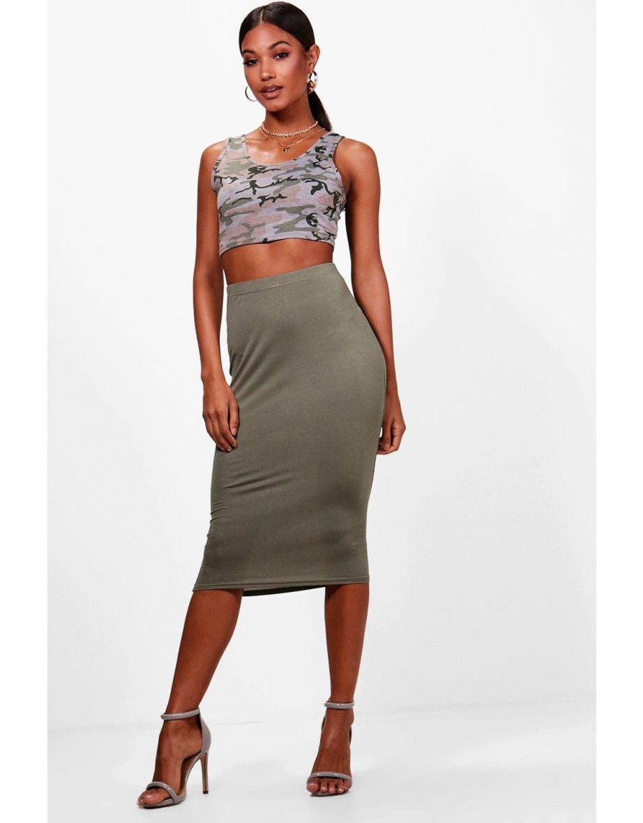 Basic Jersey Midi Skirt - khaki