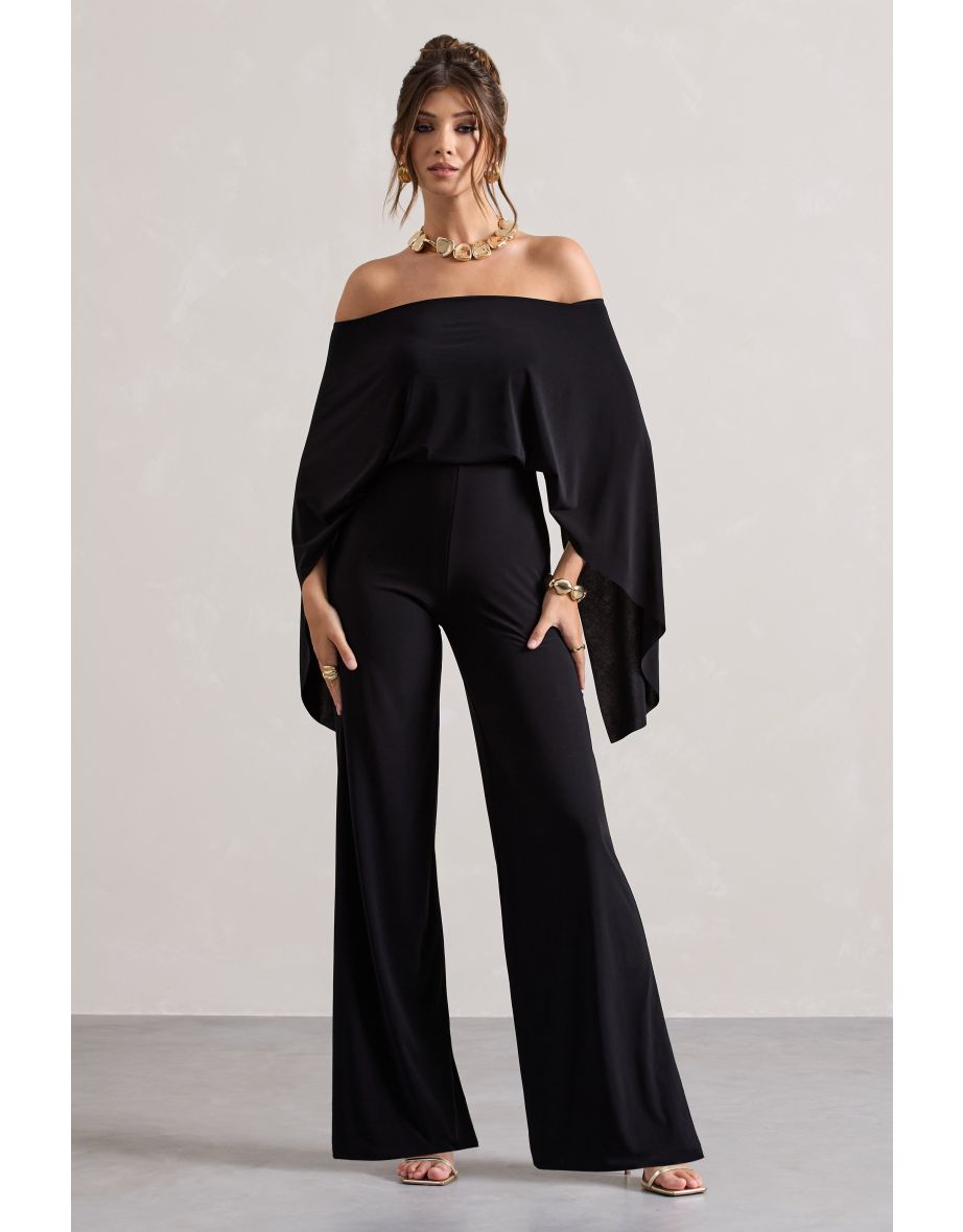 Kori | Black Bardot Straight-Leg Jumpsuit With Cape