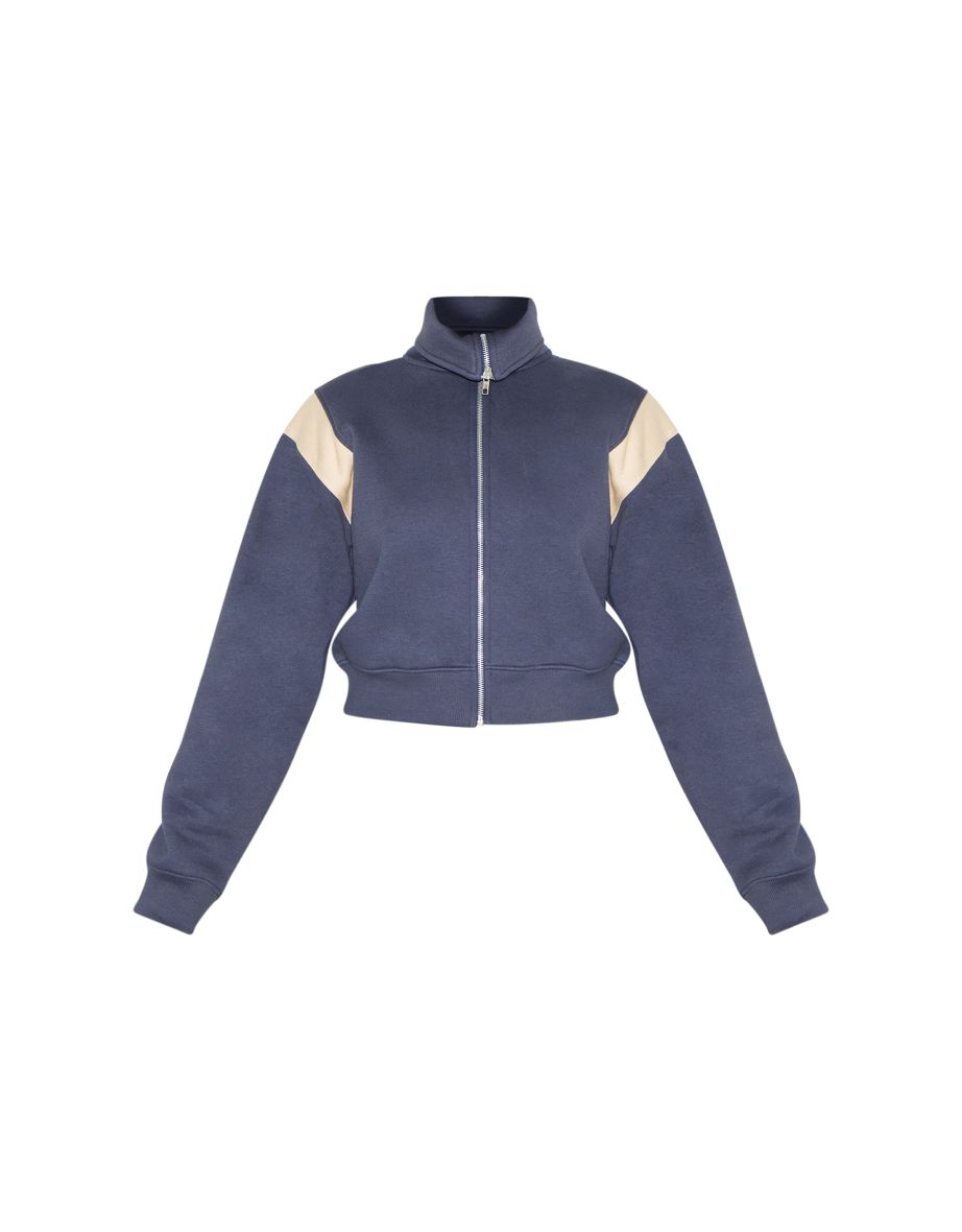 Midnight Blue Contrast Panel Zip Through Collared Sweatshirt - 4