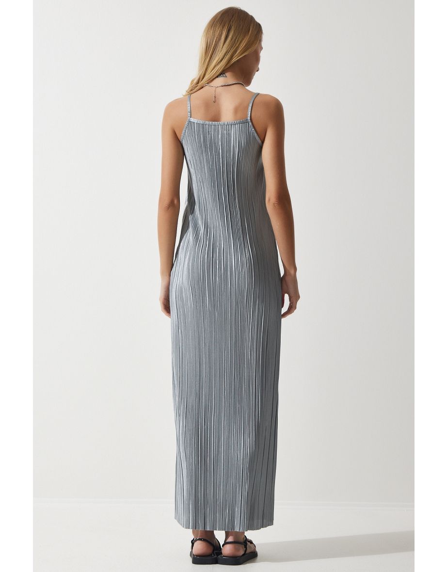 Women's Gray Strappy Summer Pleated Dress - 4