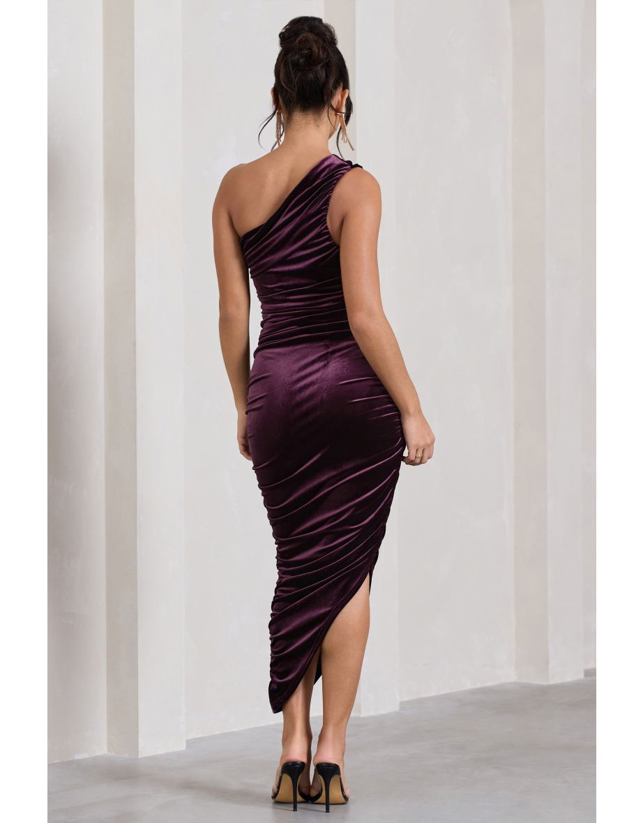 Dorit | Dark Purple Velvet One Shoulder Asymmetric Ruched Midi Dress - 4