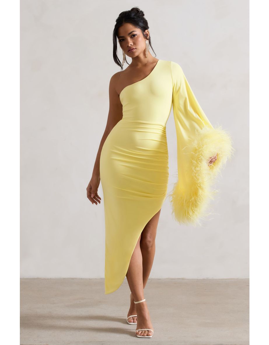 July | Lemon Asymmetric Cape Sleeve Maxi Dress With Feathers