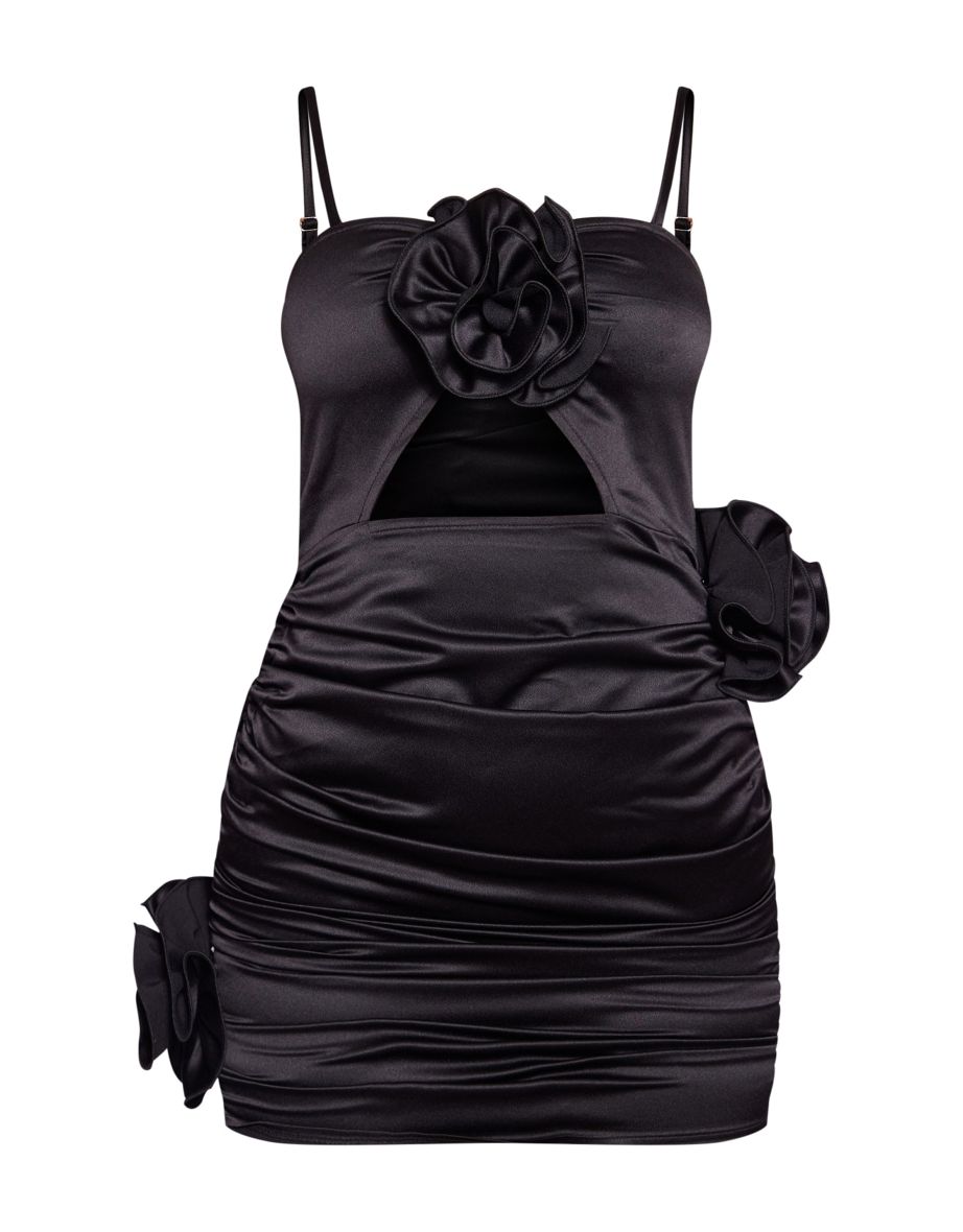 Black Rose Detail Ruched Strappy Satin Bodycon Dress - 4