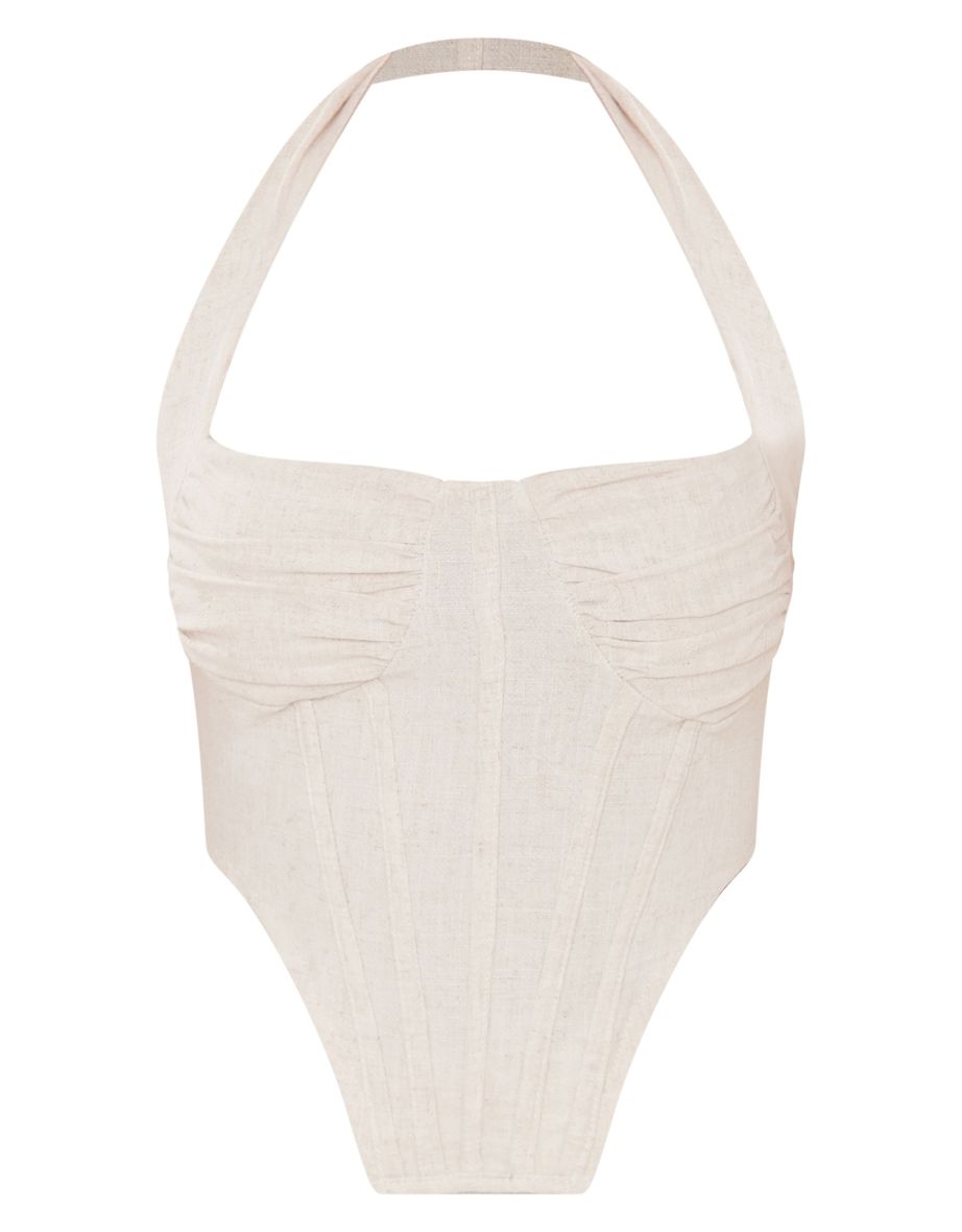 Stone Linen Look Ruched Bust Halter Neck Corset Top - 4