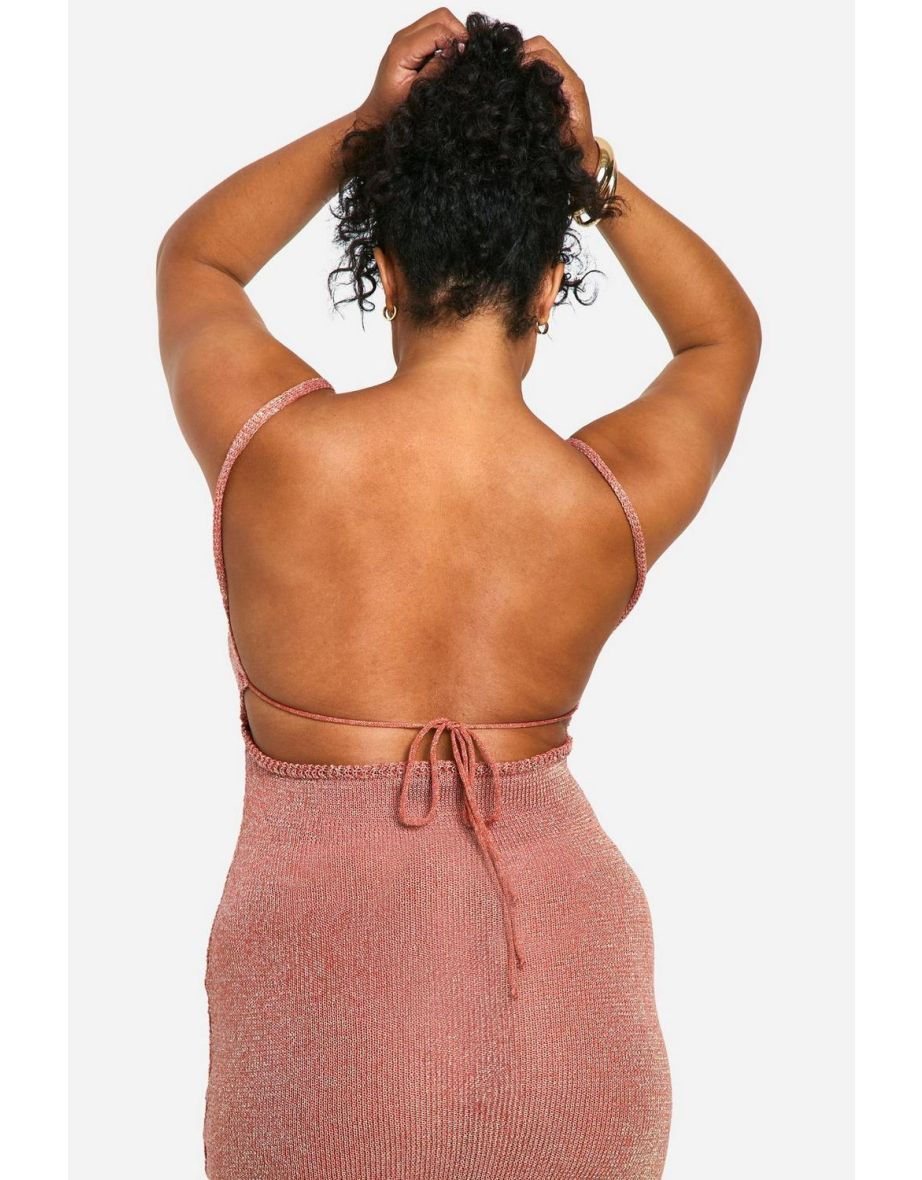 Plus Glitter Knitted Backless Midi Dress - burnt orange - 3