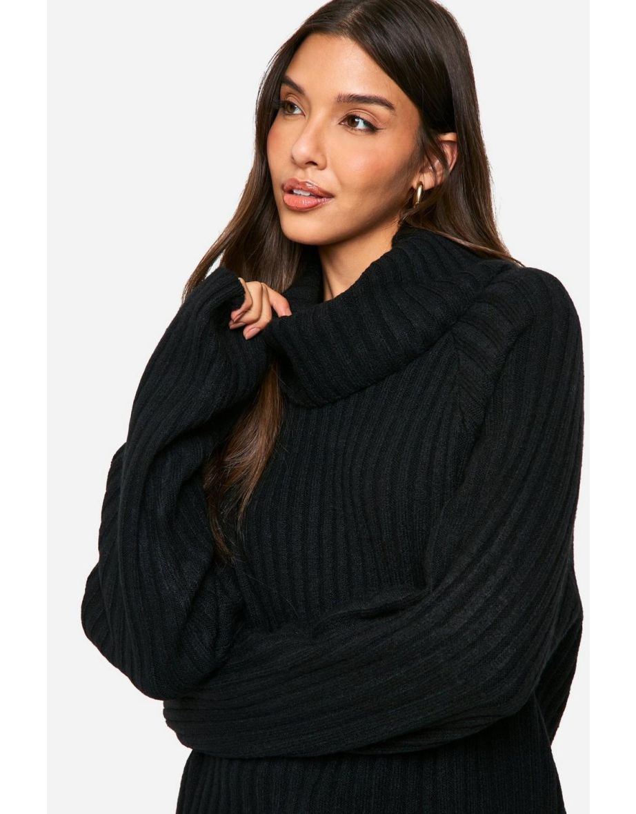 Oversized Cowl Neck Rib Knit Jumper - black - 3