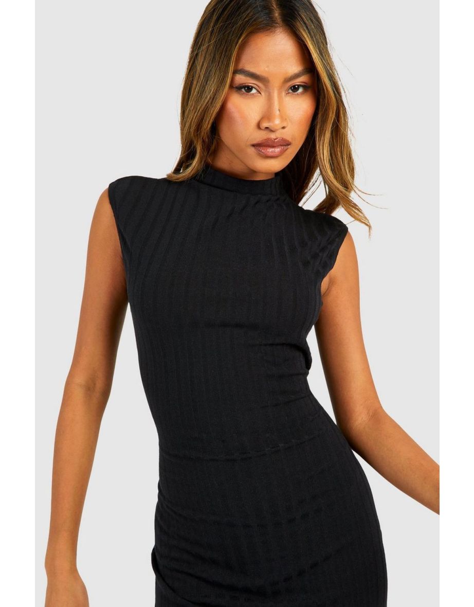 Funnel Neck Rib Mini Dress - black - 3