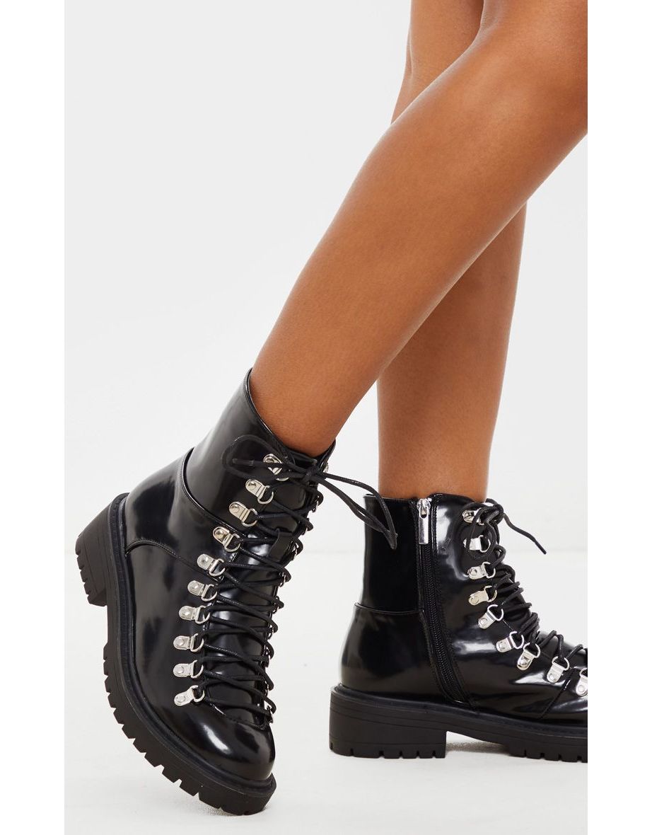 Black Cleated Sole Hiker Eyelet Ankle Boot