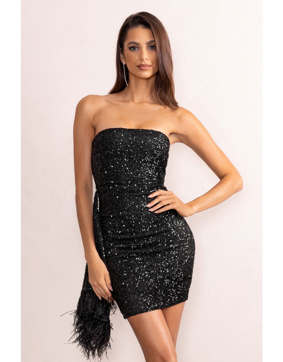 Harper | Black Sequin Bandeau Mini Dress With Front Drape and Feather Trim