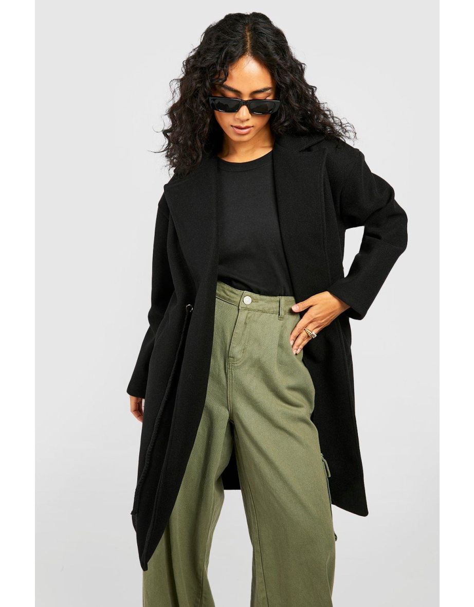 Belt Detail Longline Wool Look Coat - black