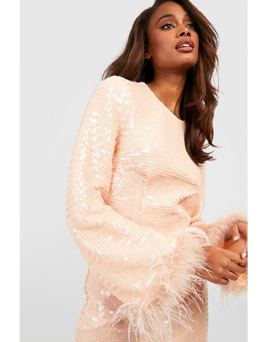 Premium Sequin Feather Cuff Shift Party Dress - light pink - 3