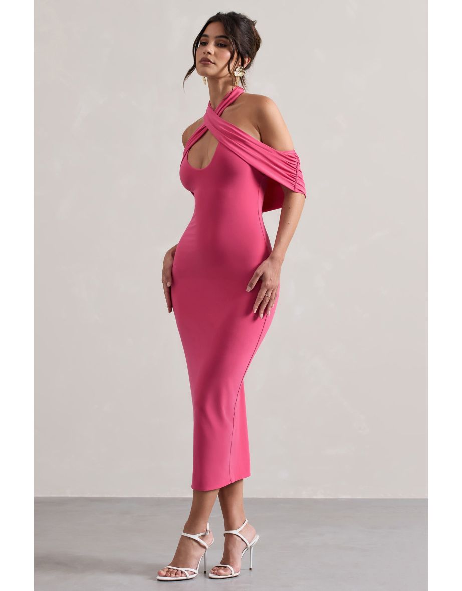 Connect | Coral Bodycon Halter-Neck Midi Dress With Cut-Out - 4