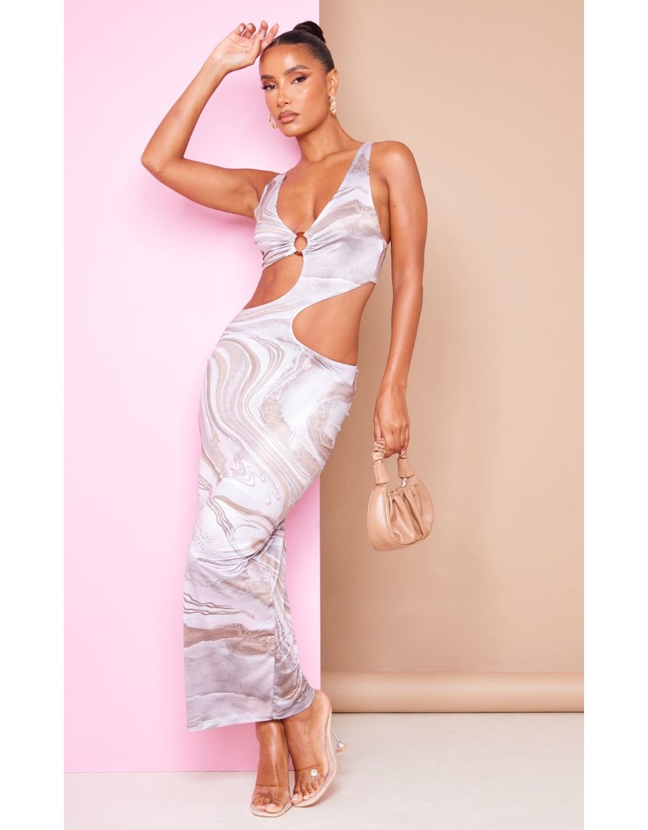 Stone Marble Print Slinky Ring Detail Cut Out Midaxi Dress