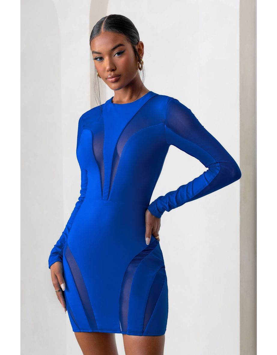 Grand Style | Royal Blue Mesh High Neck Cut Out Long Sleeves Mini Dress - 3