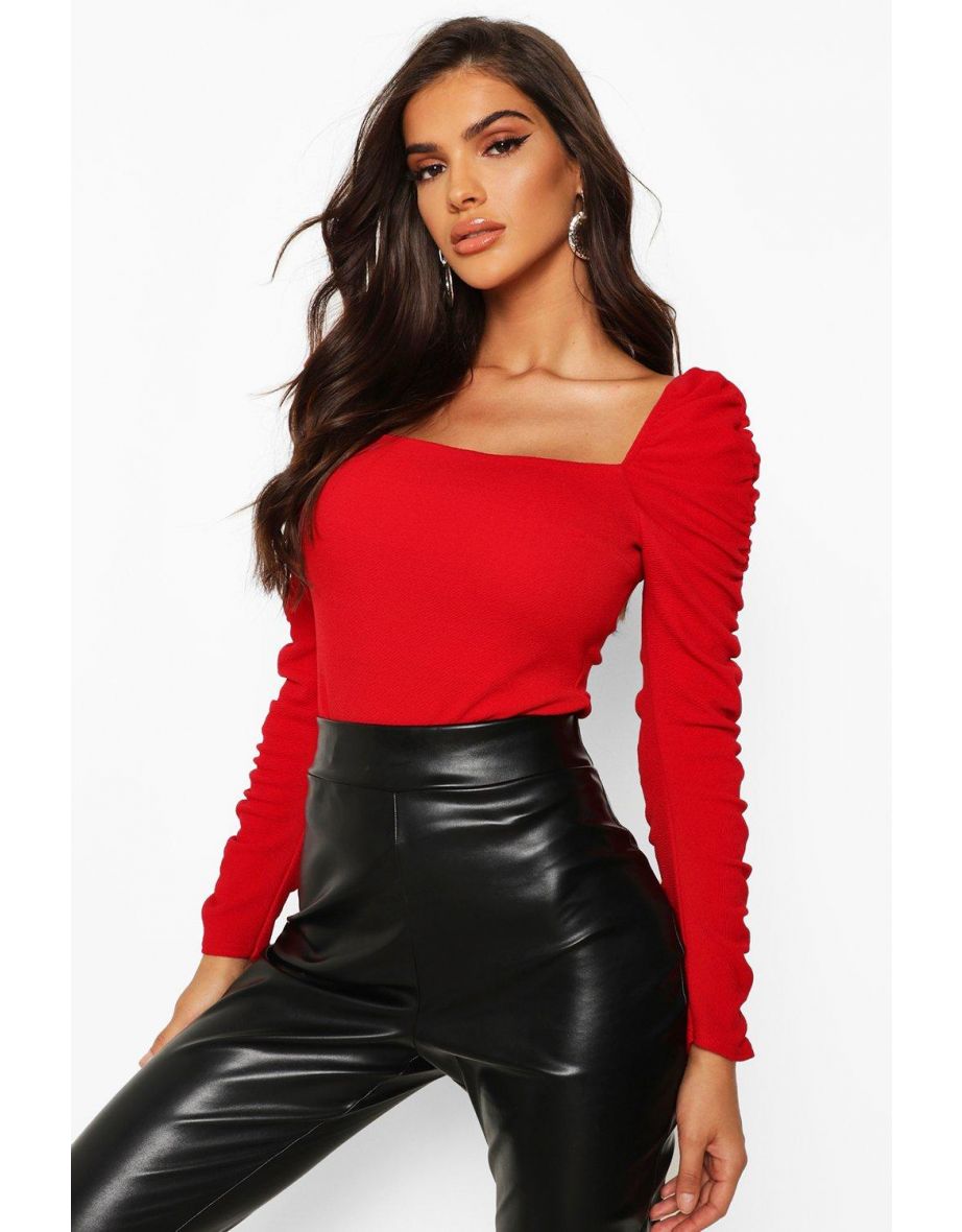 Crepe Square Neck Ruched Sleeve Top - red
