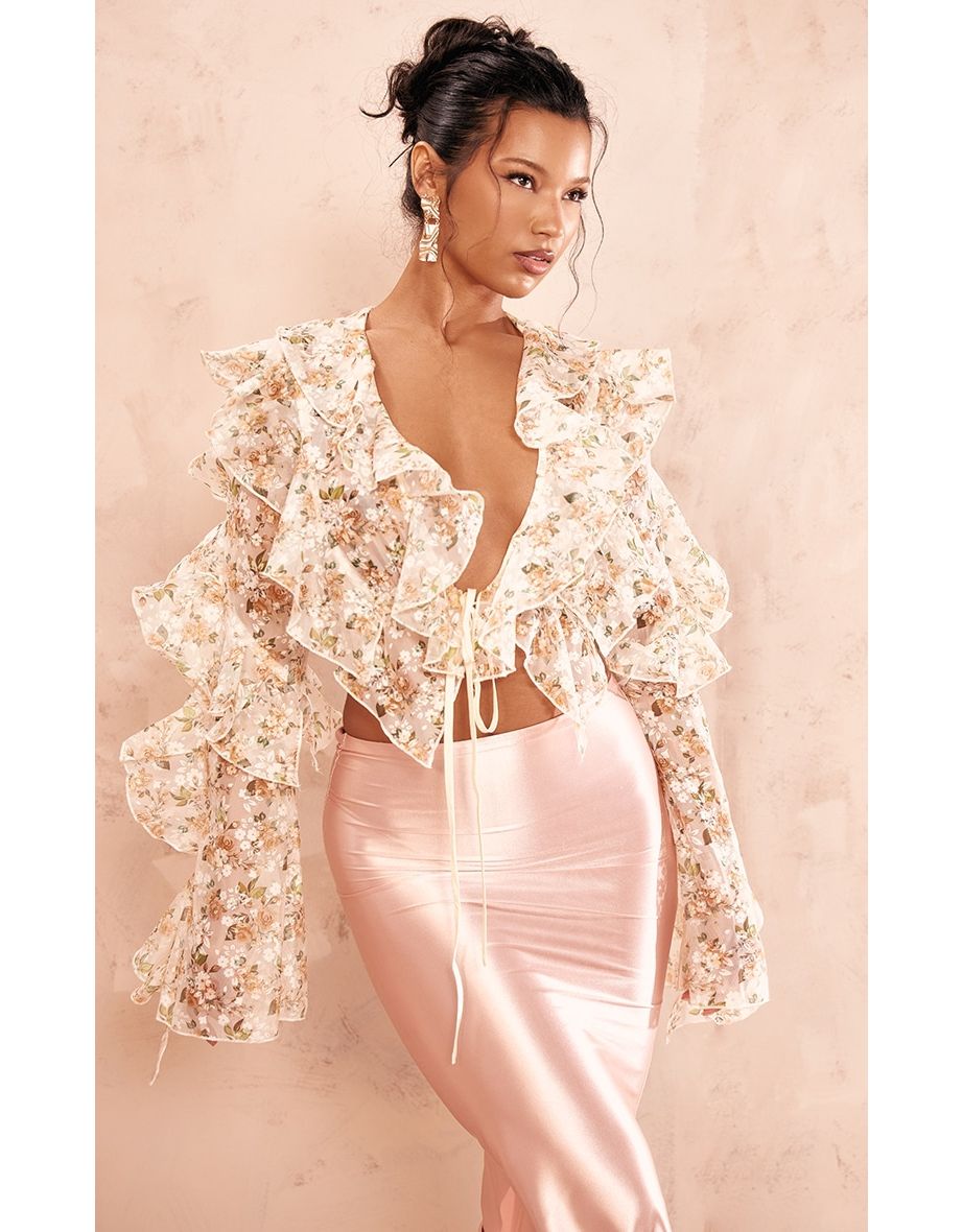 Beige Floral Sheer Woven Ruffle Tie Crop Blouse