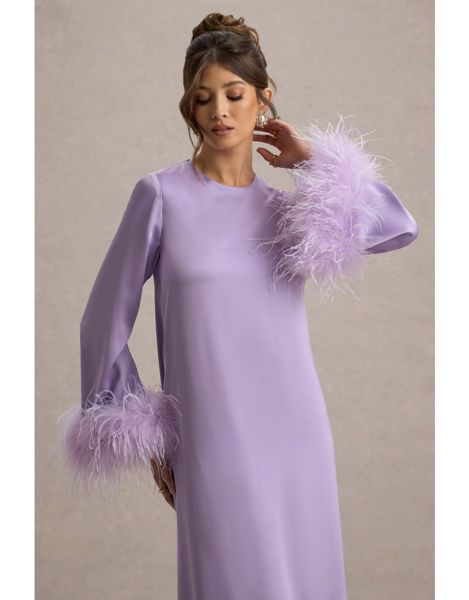 Adella | Lilac Satin Feather-Trim Maxi Dress - 2