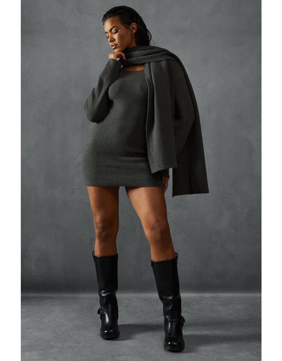Knitted Slash Neck Scarf Detail Mini Dress