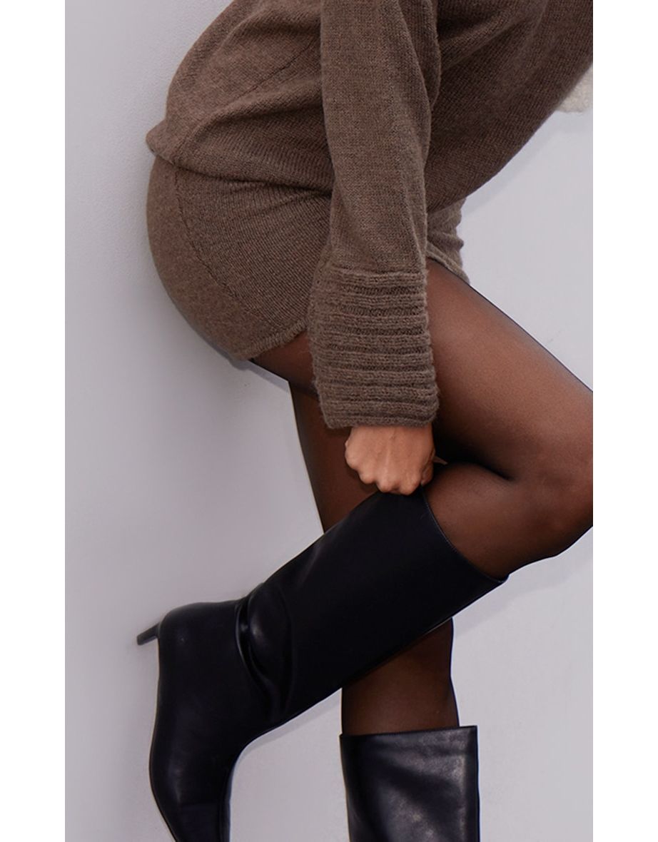 Black PU Point Toe Low Stiletto Knee High Heeled Boots - 3
