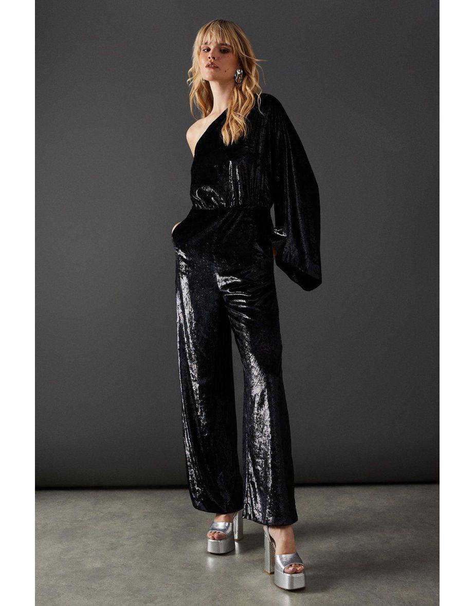 Metallic Texture One Shoulder Flared Sleeve Jumpsuit