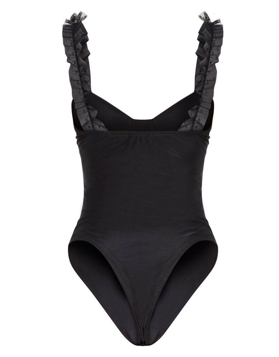 Black Dobby Mesh Frill Strap Slinky Bodysuit - 3