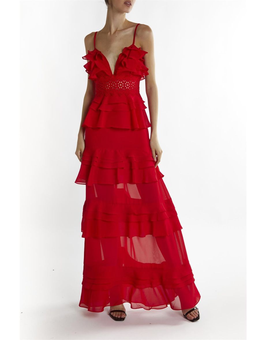Sophia Red Plunge Front Tiered Ruffle - 2