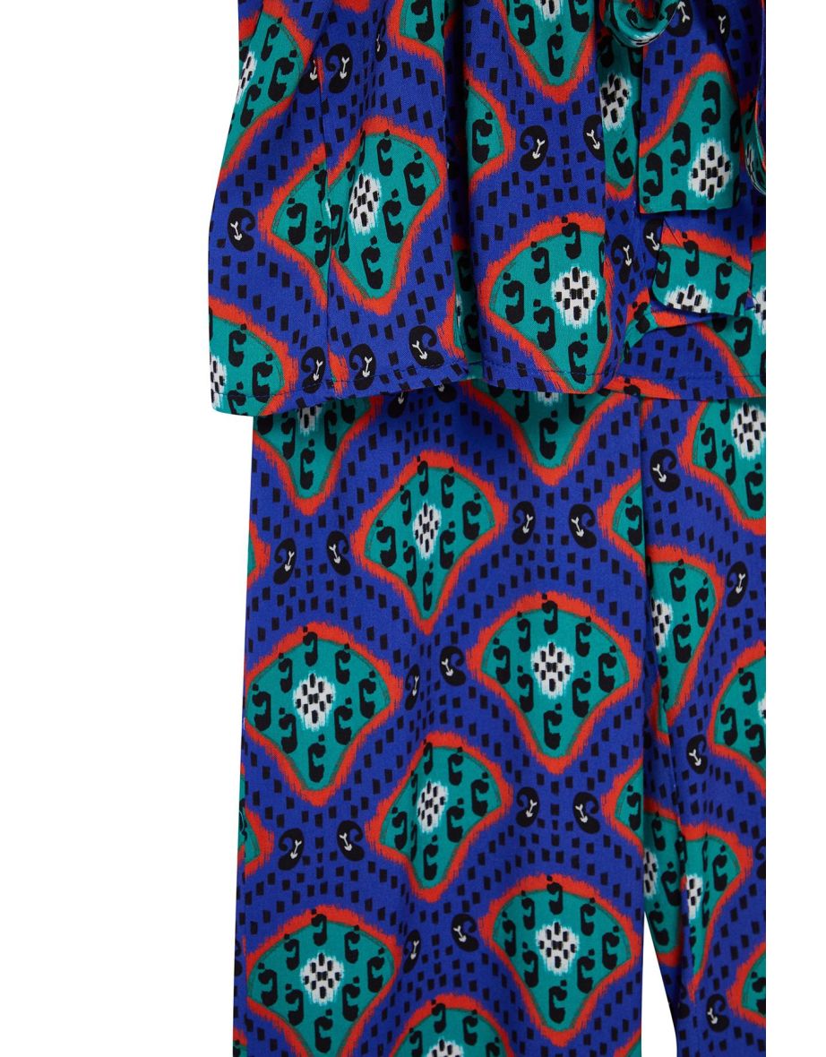 Geometric Patterned Belted Woven Kimono Trousers Set - 8