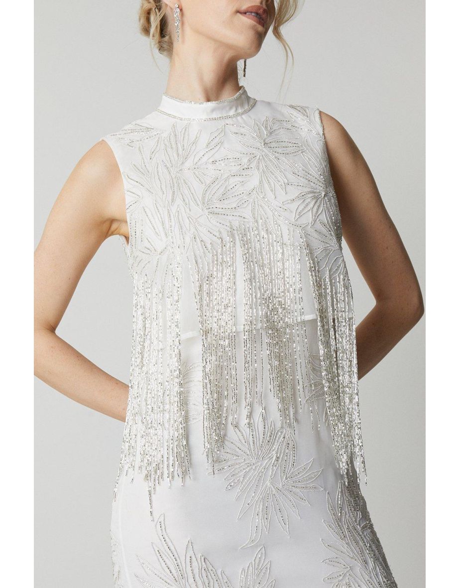 Premium Organza Overlay Beaded Fringe Column Wedding Dress - 3