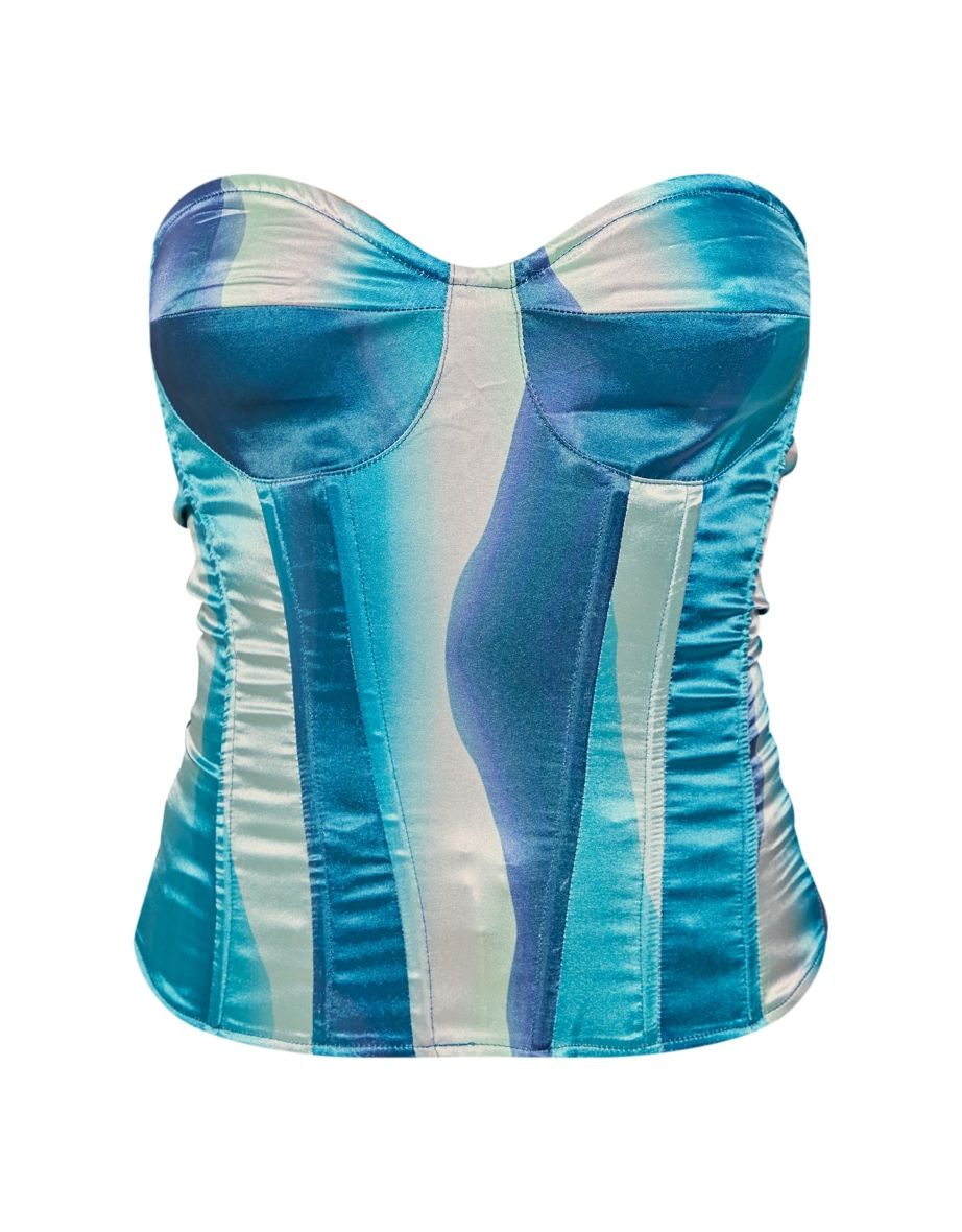 Blue Printed Satin Corset - 4