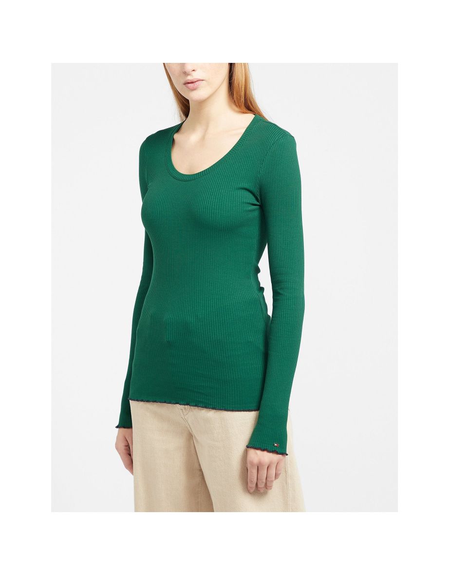 Women's Tommy Hilfiger Frill Rib Long-Sleeve T-Shirt in Green