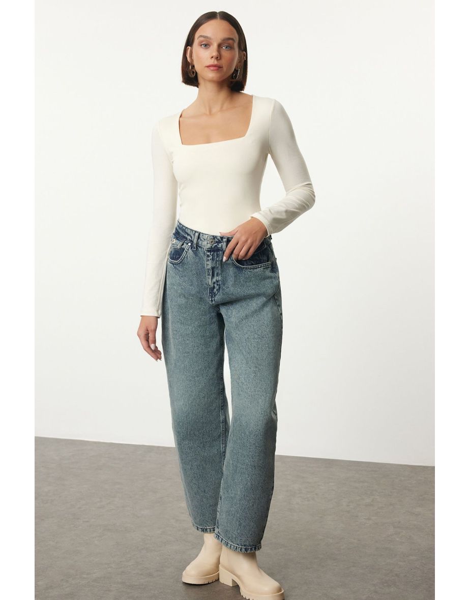Ecru Cotton Square Collar Regular Fit Knitted Slim top