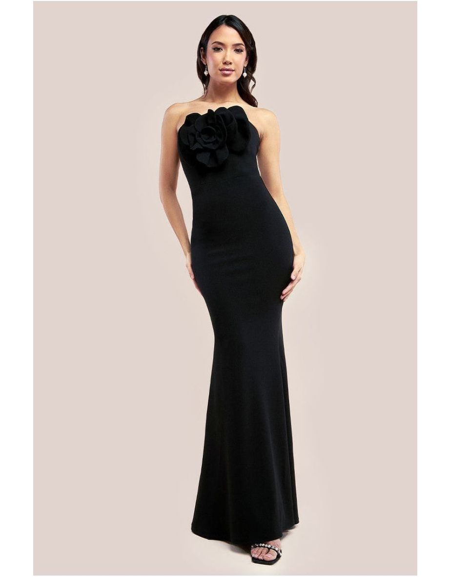 Goddiva Scuba Crepe Bandeau Rose Maxi Dress - Black