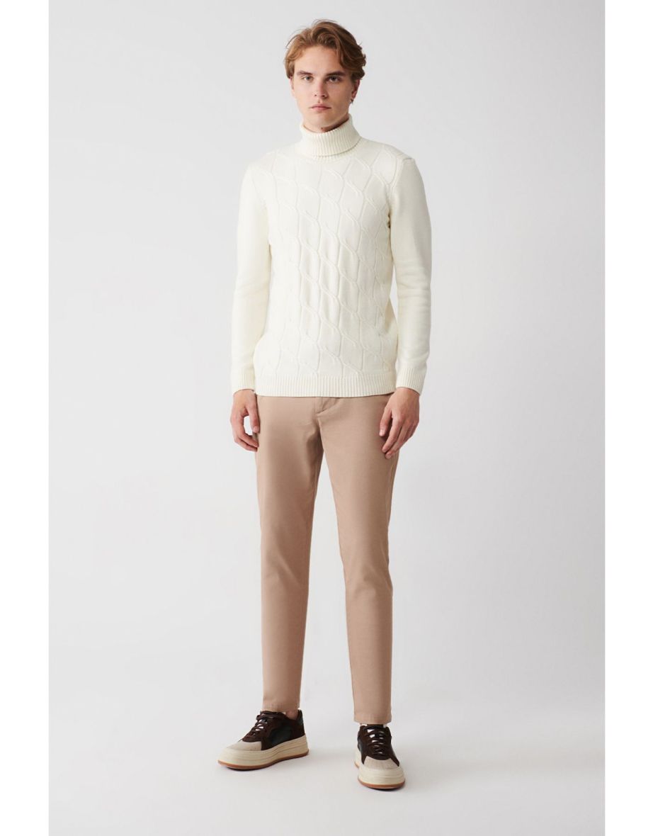 Men's Ecru Turtleneck Soft Button Knitwear Sweater
