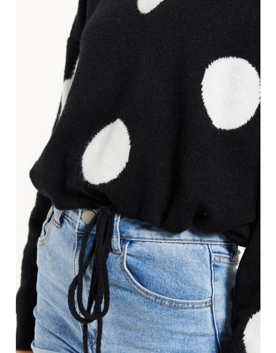 Women's Black Jumper with Long Sleeves and White Polka Dots - 5