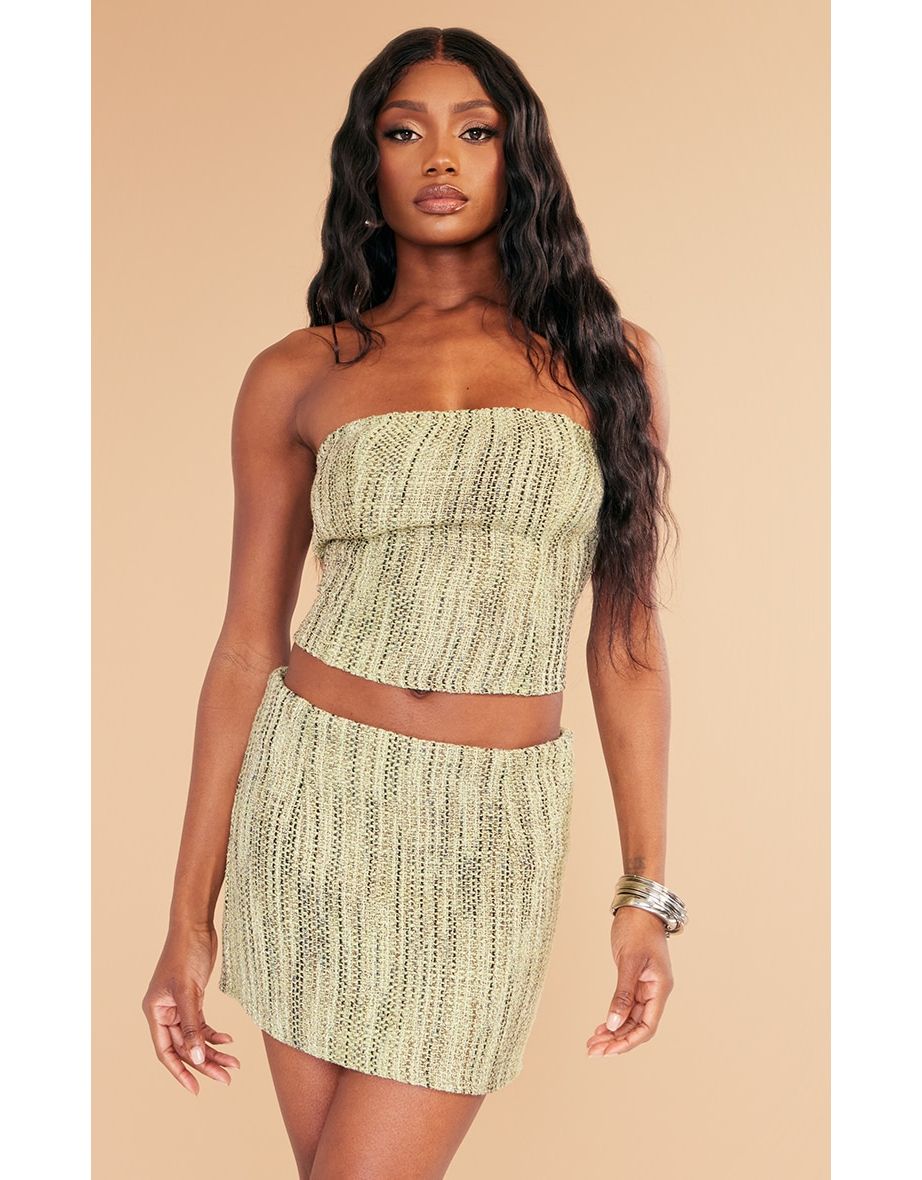 Khaki Textured Boucle Tweed Bandeau Corset
