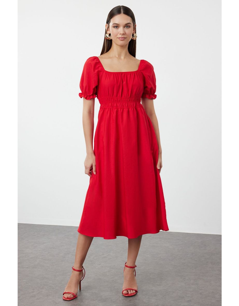 Red Balloon Sleeve Midi Woven Dress