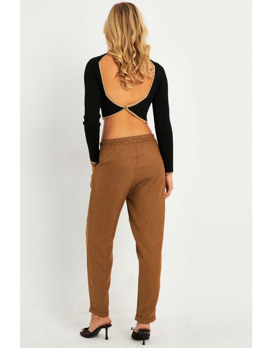 Women's Camel Linen Trousers - 3
