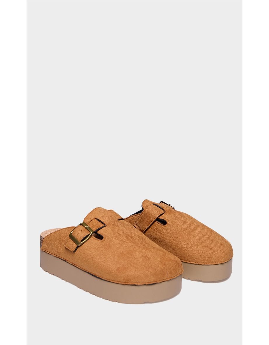 Tan Faux Suede Round Toe Slip On Platform Clogs - 3