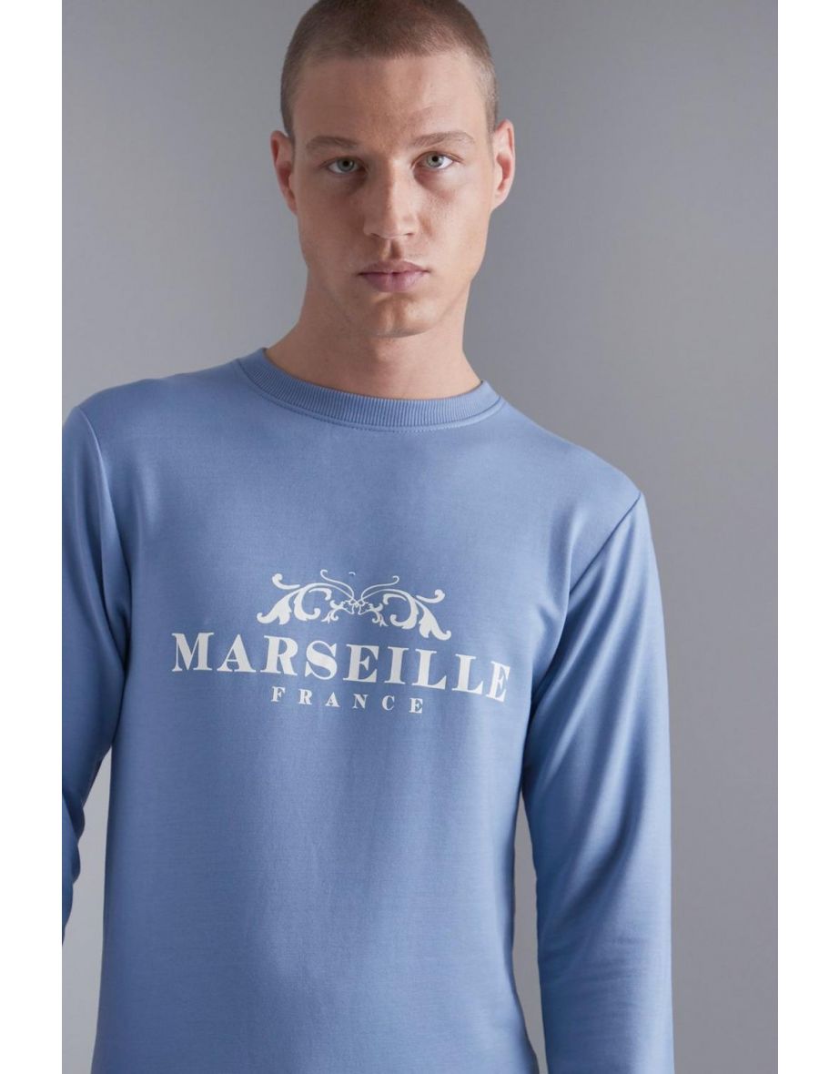Muscle Fit Marseille Print Sweatshirt - dusty blue - 2