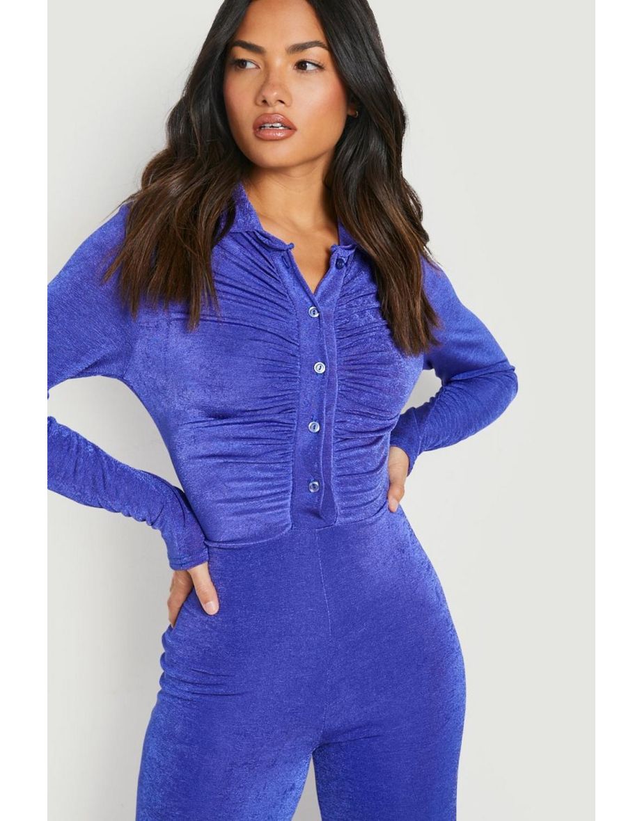 Textured Slinky Ruched Wide Leg Jumpsuit - vibrant purple - 3