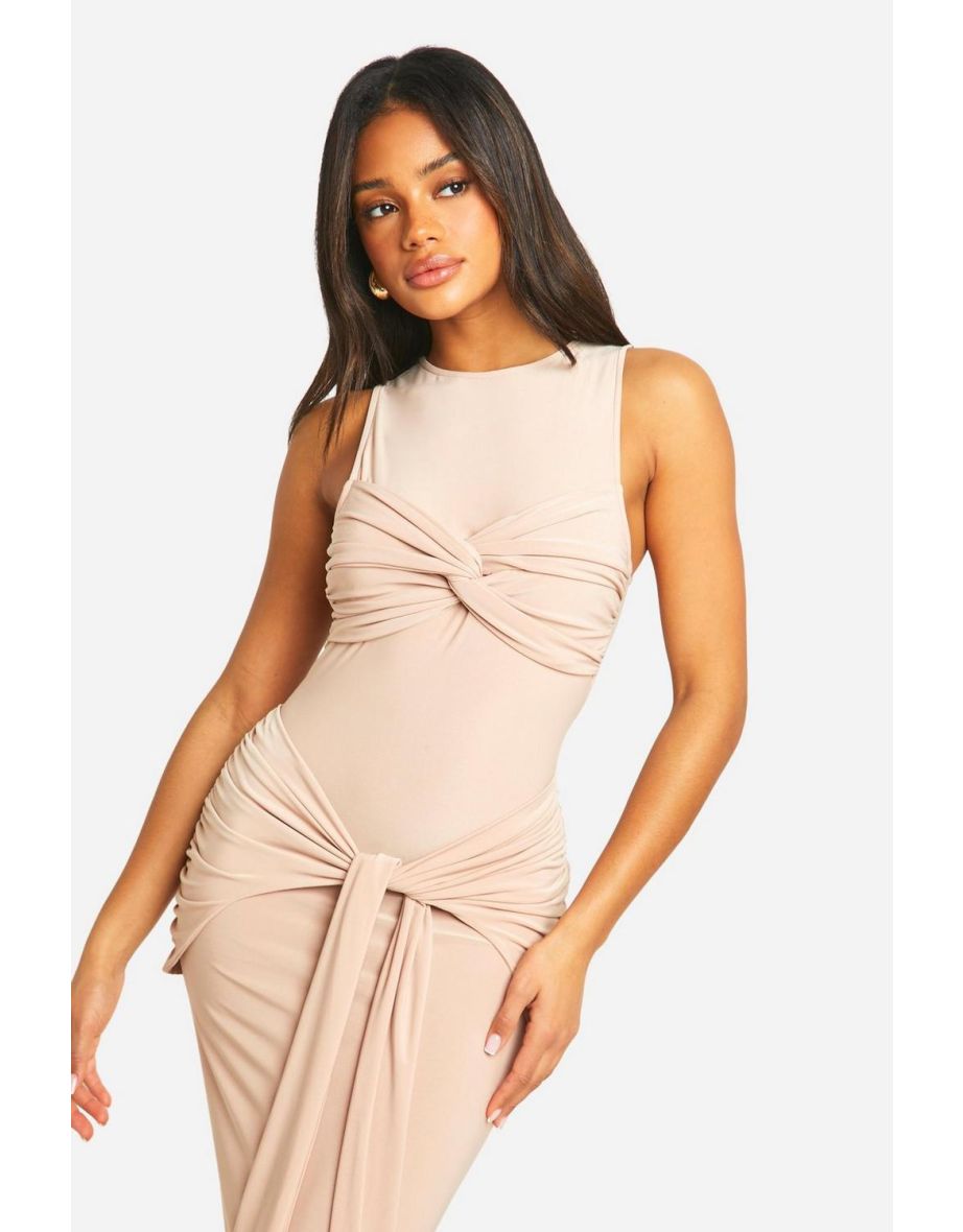 Ruched Twist Detail Racer Neck Maxi Dress - nude - 3