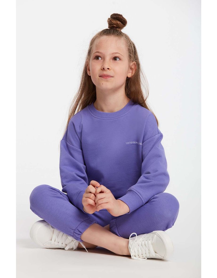 Jabor Girl's Embroidered Crew Neck Comfort Purple Tracksuit Set - 4